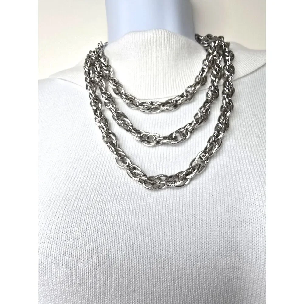 Silver Tone Twisted Rope Link Chain Necklace 62” Long Layering Statement or Belt